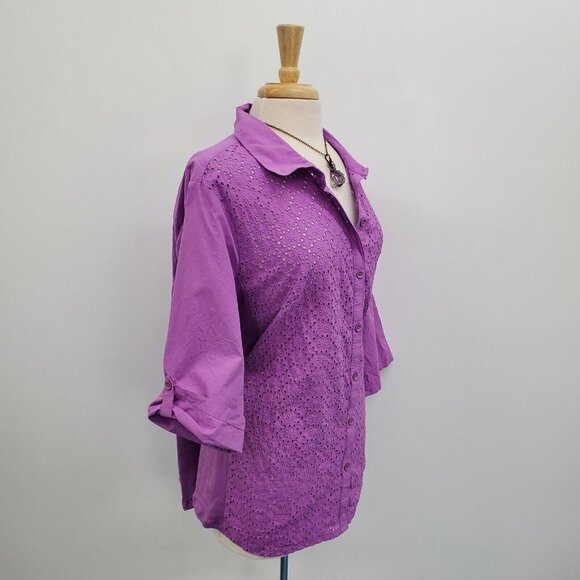 Catherines Womens Purple Eyelet Button Up Shirt Top Plus Size 1X Roll Tab Sleeve - Picture 2 of 14